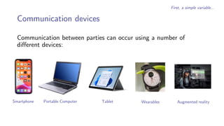 Communication devices
Communication between parties can occur using a number of
different devices:
First, a simple variable…
Smartphone Portable Computer Tablet Wearables Augmented reality
 