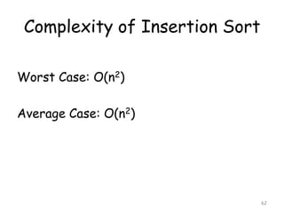 Complexity of Insertion Sort
Worst Case: O(n2)
Average Case: O(n2)

62

 