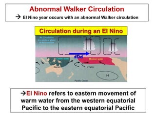 Abnormal Walker Circulation
 El Nino year occurs with an abnormal Walker circulation

Circulation during an El Nino

PGF

El Nino refers to eastern movement of
warm water from the western equatorial
Pacific to the eastern equatorial Pacific
27

 