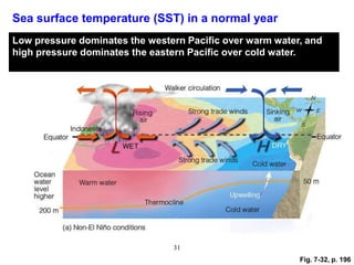 Sea surface temperature (SST) in a normal year
Low pressure dominates the western Pacific over warm water, and
high pressure dominates the eastern Pacific over cold water.

31
Fig. 7-32, p. 196

 