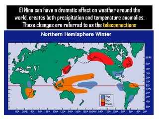 El Nino can have a dramatic effect on weather around the
world, creates both precipitation and temperature anomalies.
These changes are referred to as the teleconnections

33

 