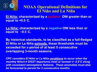 NOAA Operational Definitions for
El Niño and La Niña
El Niño: characterized by a positive ONI greater than or
equal to +0.5 C.
La Niña: characterized by a negative ONI less than or
equal to -0.5 C.
By historical standards, to be classified as a full-fledged
El Niño or La Niña episode, these thresholds must be
exceeded for a period of at least 5 consecutive
overlapping 3-month seasons.
CPC considers El Niño or La Niña conditions to occur when the
monthly Niño3.4 OISST departures meet or exceed +/- 0.5°C along
with consistent atmospheric features. These anomalies must also
be forecasted to persist for 3 consecutive months.

 
