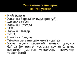 










Нийт орлого
Хасах нь: Зардал (элэгдэл ороогүй)
Элэгдэл ба ТӨА
Хасах нь: Элэгдэл
ТӨА
Хасах нь: Татвар
ТДЦА
Нэмэх нь: Элэгдэл
Үйл ажиллагааны орох мөнгөн урсгал
Хэрэв хуучин хөрөнгийг шинээр орлуулж
байгаа бол мөнгөн урсгалыг хуучин ба шинэ
хөрөнгийн мөнгөн урсгалуудын зөрүүгээр
тооцох ёстой.

 