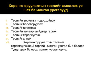 I.
II.
III.
IV.
V.
VI.
VII.

Төслийн зорилгыг тодорхойлох
Төслийг боловсруулах
Төслийг шинжлэх
Төслийн талаар шийдвэр гаргах
Төслийг хэрэгжүүлэх
Төслийг хянах
Хөрөнгө оруулалтын төслийг
хэрэгжүүлэхэд 2 төрлийн мөнгөн урсгал бий болдог.
Үүнд гарах ба орох мөнгөн урсгал орно.

 