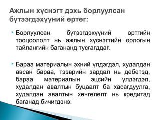 

Борлуулсан
бүтээгдэхүүний
өртгийн
тооцоололт нь ажлын хүснэгтийн орлогын
тайлангийн багананд тусгагддаг.



Бараа материалын эхний үлдэгдэл, худалдан
авсан бараа, тээврийн зардал нь дебетэд,
бараа
материалын
эцсийн
үлдэгдэл,
худалдан авалтын буцаалт ба хасагдуулга,
худалдан авалтын хөнгөлөлт нь кредитэд
баганад бичигдэнэ.

 