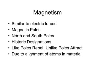 Magnetism Similar to electric forces Magnetic Poles  North and South Poles Historic Designations Like Poles Repel, Unlike Poles Attract Due to alignment of atoms in material 