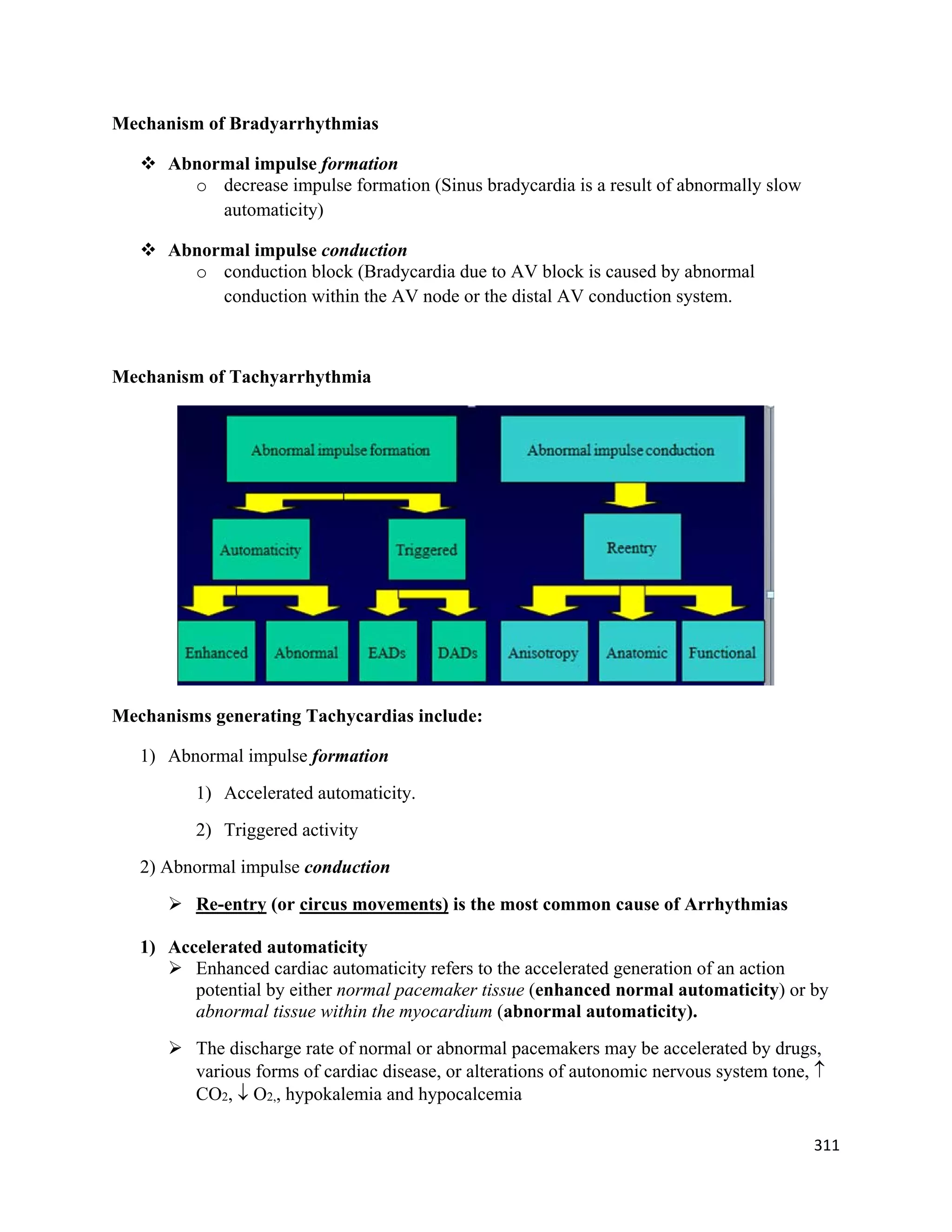 311 
 
Mechanism of Bradyarrhythmias
 Abnormal impulse formation
o decrease impulse formation (Sinus bradycardia is a result of abnormally slow
automaticity)
 Abnormal impulse conduction
o conduction block (Bradycardia due to AV block is caused by abnormal
conduction within the AV node or the distal AV conduction system.
Mechanism of Tachyarrhythmia
Mechanisms generating Tachycardias include:
1) Abnormal impulse formation
1) Accelerated automaticity.
2) Triggered activity
2) Abnormal impulse conduction
 Re-entry (or circus movements) is the most common cause of Arrhythmias
1) Accelerated automaticity
 Enhanced cardiac automaticity refers to the accelerated generation of an action
potential by either normal pacemaker tissue (enhanced normal automaticity) or by
abnormal tissue within the myocardium (abnormal automaticity).
 The discharge rate of normal or abnormal pacemakers may be accelerated by drugs,
various forms of cardiac disease, or alterations of autonomic nervous system tone, 
CO2,  O2,, hypokalemia and hypocalcemia
 
