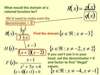 pxRx
qx
What would the domain of a
rational function be?
We’d need to make sure the
denominator  0
Rx
3 x
5x2
Find the domain. x: x  3
x 3
x  2x  2
H x

x2
 5x 4
x 1
F x
x : x  2, x  2
If you can’t see it in your
head, set the denominator = 0
and factor to find “illegal”
values.
x  4x 1  0 x : x  4, x  1
 