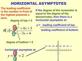 If the degree of the numerator is
equal to the degree of the
denominator, then there is a
horizontal asymptote at:
y = leading coefficient of top
leading coefficient of bottom
HORIZONTAL ASYMPTOTES
The leading coefficient
is the number in front of
the highest powered x
term.
degree of top = 2
degree of bottom = 2
horizontal asymptote at:
 3x  41 x2
2x2
 4x  5
Rx
1
y 
2
 2
 