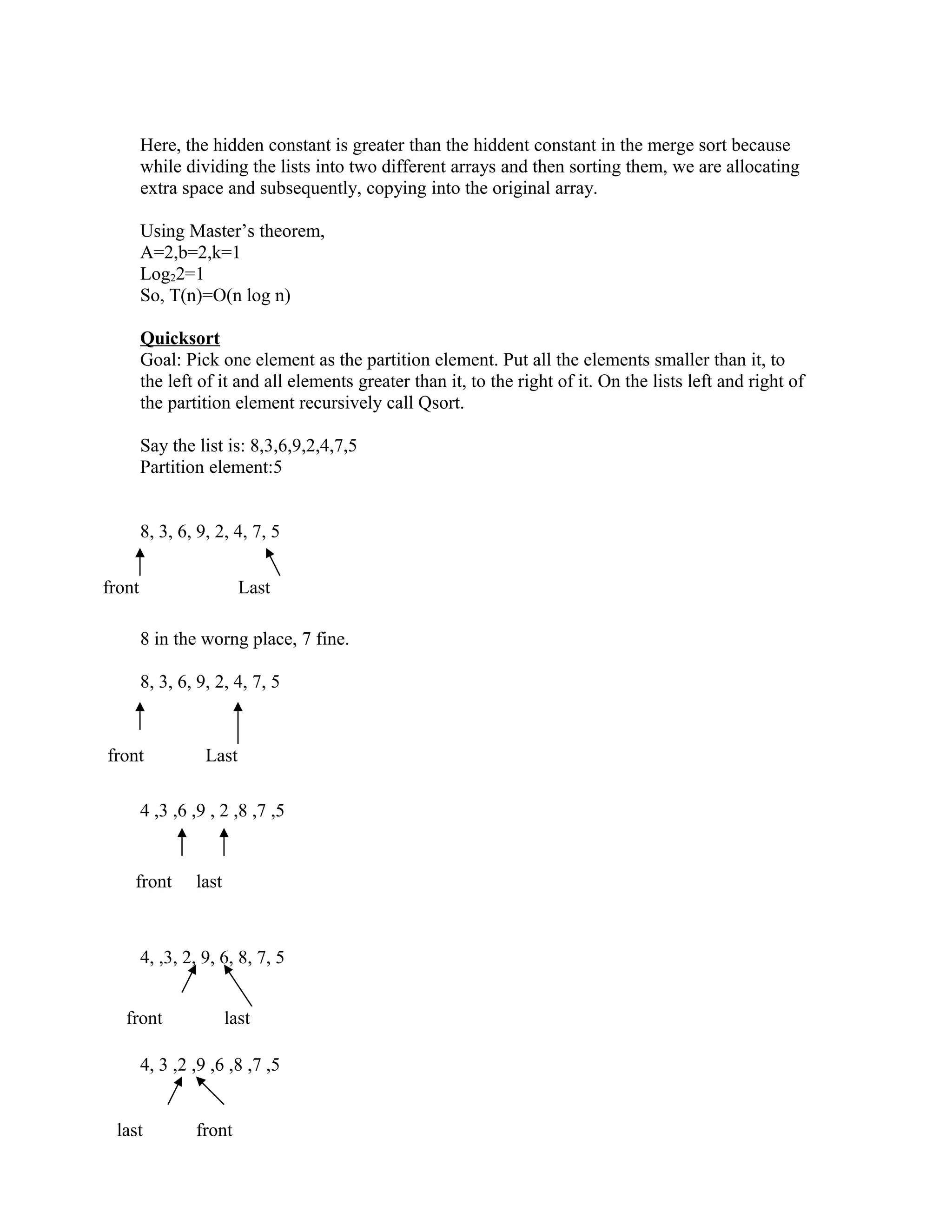Here, the hidden constant is greater than the hiddent constant in the merge sort because
while dividing the lists into two different arrays and then sorting them, we are allocating
extra space and subsequently, copying into the original array.
Using Master’s theorem,
A=2,b=2,k=1
Log22=1
So, T(n)=O(n log n)
Quicksort
Goal: Pick one element as the partition element. Put all the elements smaller than it, to
the left of it and all elements greater than it, to the right of it. On the lists left and right of
the partition element recursively call Qsort.
Say the list is: 8,3,6,9,2,4,7,5
Partition element:5
8, 3, 6, 9, 2, 4, 7, 5
8 in the worng place, 7 fine.
8, 3, 6, 9, 2, 4, 7, 5
4 ,3 ,6 ,9 , 2 ,8 ,7 ,5
4, ,3, 2, 9, 6, 8, 7, 5
4, 3 ,2 ,9 ,6 ,8 ,7 ,5
front Last
front Last
front last
front last
last front
 