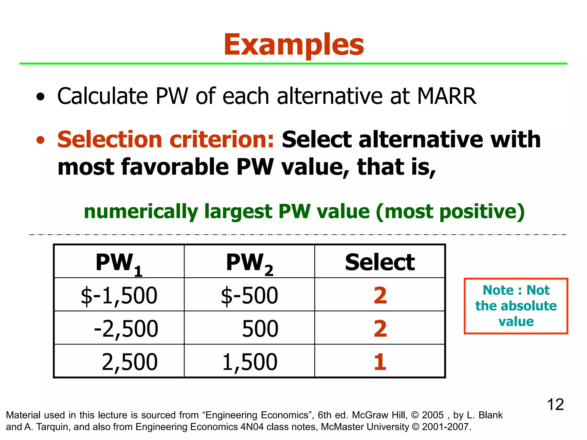 Examples
• Calculate PW of each alternative at MARR
• Selection criterion: Select alternative with
most favorable PW value, that is,
numerically largest PW value (most positive)
PW1 PW2 Select
$-1,500 $-500 2
-2,500 500 2
2,500 1,500 1
Note : Not
the absolute
value
12
Material used in this lecture is sourced from “Engineering Economics”, 6th ed. McGraw Hill, © 2005 , by L. Blank
and A. Tarquin, and also from Engineering Economics 4N04 class notes, McMaster University © 2001-2007.
 