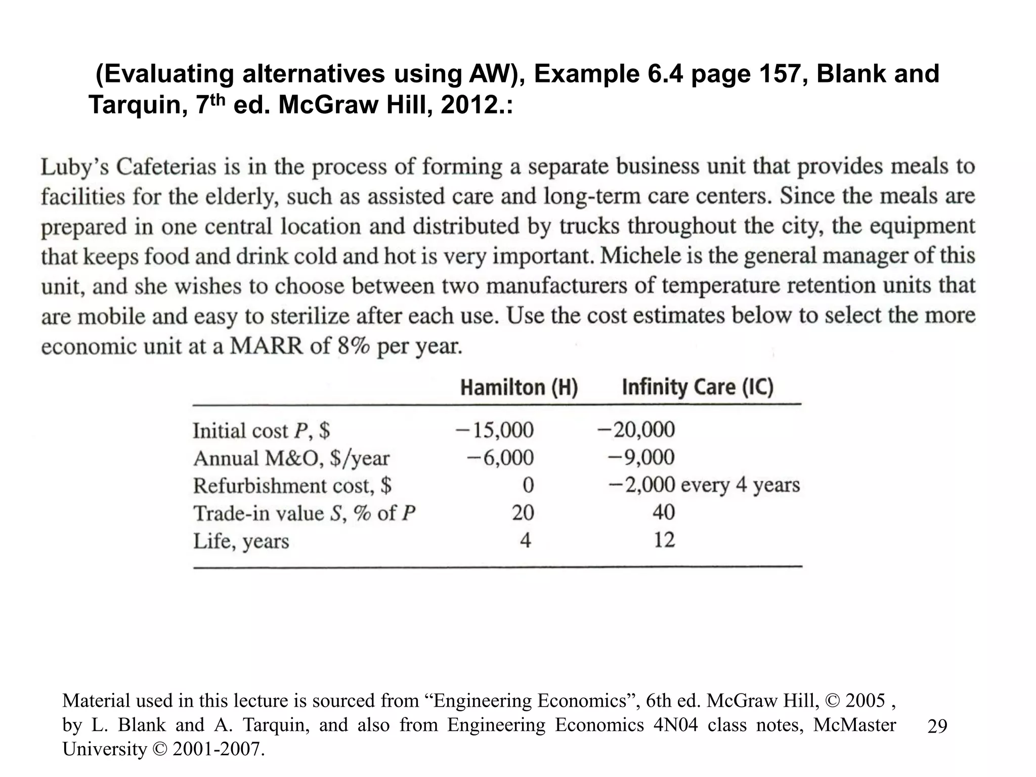 (Evaluating alternatives using AW), Example 6.4 page 157, Blank and
Tarquin, 7th ed. McGraw Hill, 2012.:
29
Material used in this lecture is sourced from “Engineering Economics”, 6th ed. McGraw Hill, © 2005 ,
by L. Blank and A. Tarquin, and also from Engineering Economics 4N04 class notes, McMaster
University © 2001-2007.
 