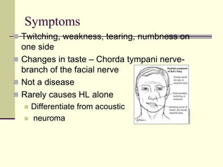 Symptoms
 Twitching, weakness, tearing, numbness on
one side
 Changes in taste – Chorda tympani nerve-
branch of the facial nerve
 Not a disease
 Rarely causes HL alone
 Differentiate from acoustic
 neuroma
 
