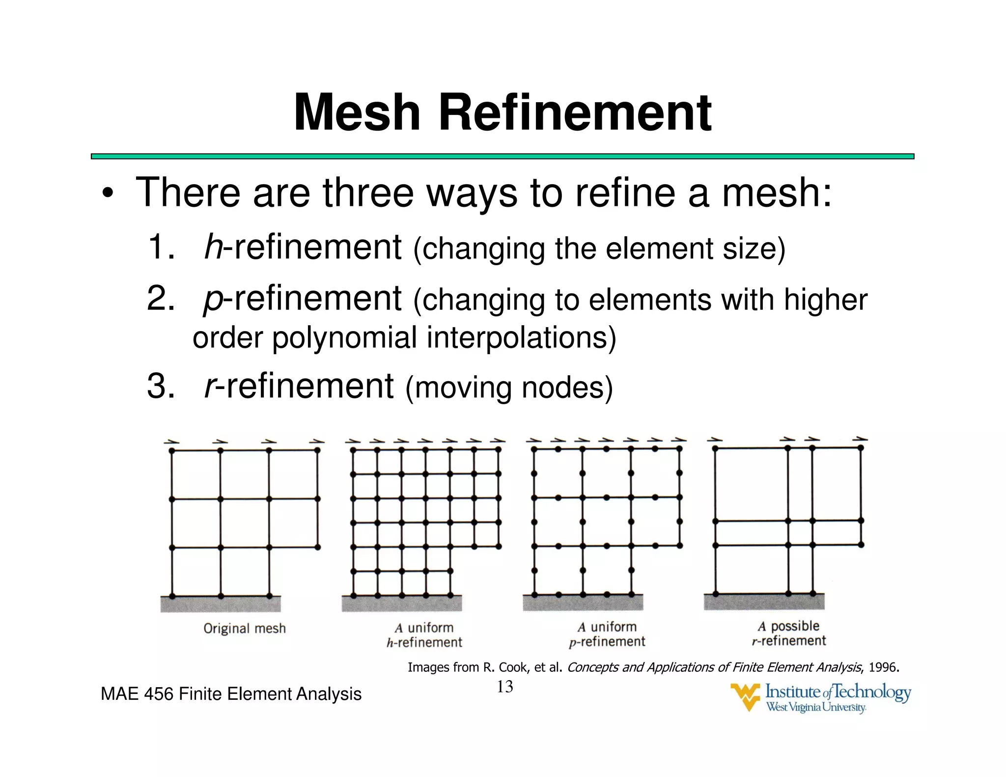 MAE 456 Finite Element Analysis
Mesh Refinement
• There are three ways to refine a mesh:
1. h-refinement (changing the element size)
2. p-refinement (changing to elements with higher
order polynomial interpolations)
3. r-refinement (moving nodes)
13
Images from R. Cook, et al. Concepts and Applications of Finite Element Analysis, 1996.
 