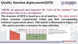 Quality function deployment(QFD)
“(QFD) An approach that integrates the “voice of the customer” into
both product and service development”.
The structure of QFD is based on a set of matrices. The main matrix
relates customer requirements (what) and their corresponding
technical requirements (how). This matrix is illustrated in Figure 4.2
. The matrix provides a structure for data collection.
 