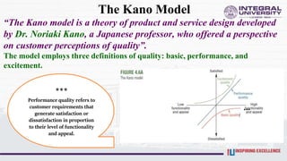 The Kano Model
“The Kano model is a theory of product and service design developed
by Dr. Noriaki Kano, a Japanese professor, who offered a perspective
on customer perceptions of quality”.
The model employs three definitions of quality: basic, performance, and
excitement.
***
Performance quality refers to
customer requirements that
generate satisfaction or
dissatisfaction in proportion
to their level of functionality
and appeal.
***
 