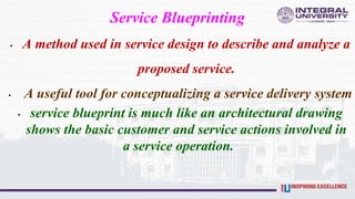 Service Blueprinting
• A method used in service design to describe and analyze a
proposed service.
• A useful tool for conceptualizing a service delivery system
• service blueprint is much like an architectural drawing
shows the basic customer and service actions involved in
a service operation.
 