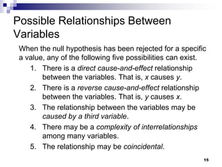 Possible Relationships Between
Variables
When the null hypothesis has been rejected for a specific
a value, any of the following five possibilities can exist.
1. There is a direct cause-and-effect relationship
between the variables. That is, x causes y.
2. There is a reverse cause-and-effect relationship
between the variables. That is, y causes x.
3. The relationship between the variables may be
caused by a third variable.
4. There may be a complexity of interrelationships
among many variables.
5. The relationship may be coincidental.
15
 