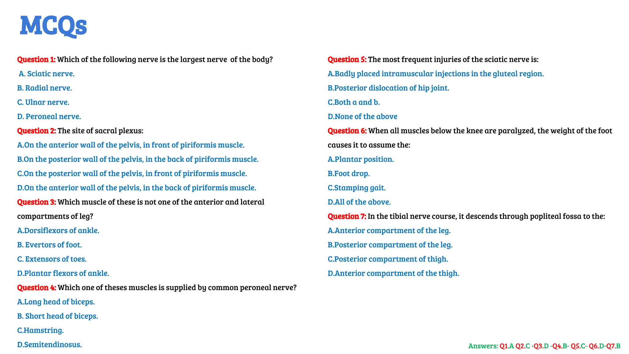 MCQs
Question 1: Which of the following nerve is the largest nerve of the body?
A. Sciatic nerve.
B. Radial nerve.
C. Ulnar nerve.
D. Peroneal nerve.
Question 2: The site of sacral plexus:
A.On the anterior wall of the pelvis, in front of piriformis muscle.
B.On the posterior wall of the pelvis, in the back of piriformis muscle.
C.On the posterior wall of the pelvis, in front of piriformis muscle.
D.On the anterior wall of the pelvis, in the back of piriformis muscle.
Question 3: Which muscle of these is not one of the anterior and lateral
compartments of leg?
A.Dorsiflexors of ankle.
B. Evertors of foot.
C. Extensors of toes.
D.Plantar flexors of ankle.
Question 4: Which one of theses muscles is supplied by common peroneal nerve?
A.Long head of biceps.
B. Short head of biceps.
C.Hamstring.
D.Semitendinosus.
Question 5: The most frequent injuries of the sciatic nerve is:
A.Badly placed intramuscular injections in the gluteal region.
B.Posterior dislocation of hip joint.
C.Both a and b.
D.None of the above
Question 6: When all muscles below the knee are paralyzed, the weight of the foot
causes it to assume the:
A.Plantar position.
B.Foot drop.
C.Stamping gait.
D.All of the above.
Question 7: In the tibial nerve course, it descends through popliteal fossa to the:
A.Anterior compartment of the leg.
B.Posterior compartment of the leg.
C.Posterior compartment of thigh.
D.Anterior compartment of the thigh.
Answers: Q1.A Q2.C -Q3.D -Q4.B- Q5.C- Q6.D-Q7.B
 