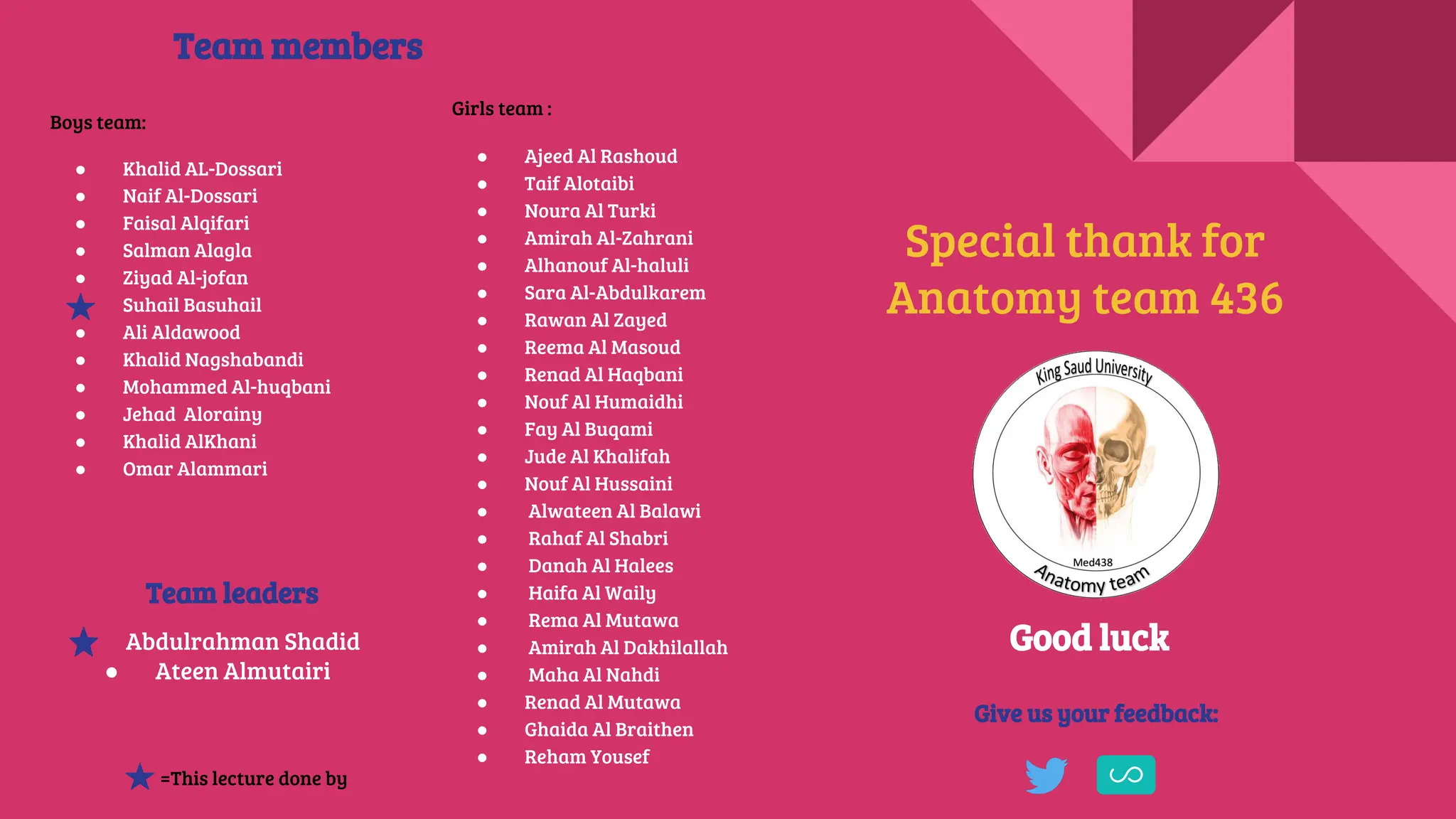 Give us your feedback:
Boys team:
● Khalid AL-Dossari
● Naif Al-Dossari
● Faisal Alqifari
● Salman Alagla
● Ziyad Al-jofan
● Suhail Basuhail
● Ali Aldawood
● Khalid Nagshabandi
● Mohammed Al-huqbani
● Jehad Alorainy
● Khalid AlKhani
● Omar Alammari
Girls team :
● Ajeed Al Rashoud
● Taif Alotaibi
● Noura Al Turki
● Amirah Al-Zahrani
● Alhanouf Al-haluli
● Sara Al-Abdulkarem
● Rawan Al Zayed
● Reema Al Masoud
● Renad Al Haqbani
● Nouf Al Humaidhi
● Fay Al Buqami
● Jude Al Khalifah
● Nouf Al Hussaini
● Alwateen Al Balawi
● Rahaf Al Shabri
● Danah Al Halees
● Haifa Al Waily
● Rema Al Mutawa
● Amirah Al Dakhilallah
● Maha Al Nahdi
● Renad Al Mutawa
● Ghaida Al Braithen
● Reham Yousef
Team members
Team leaders
● Abdulrahman Shadid
● Ateen Almutairi
Good luck
Special thank for
Anatomy team 436
=This lecture done by
 