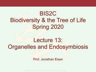 Slides by Jonathan Eisen for BIS2C at UC Davis Spring 2020
BIS2C
Biodiversity & the Tree of Life
Spring 2020
Lecture 13:
Organelles and Endosymbiosis
Prof. Jonathan Eisen
 