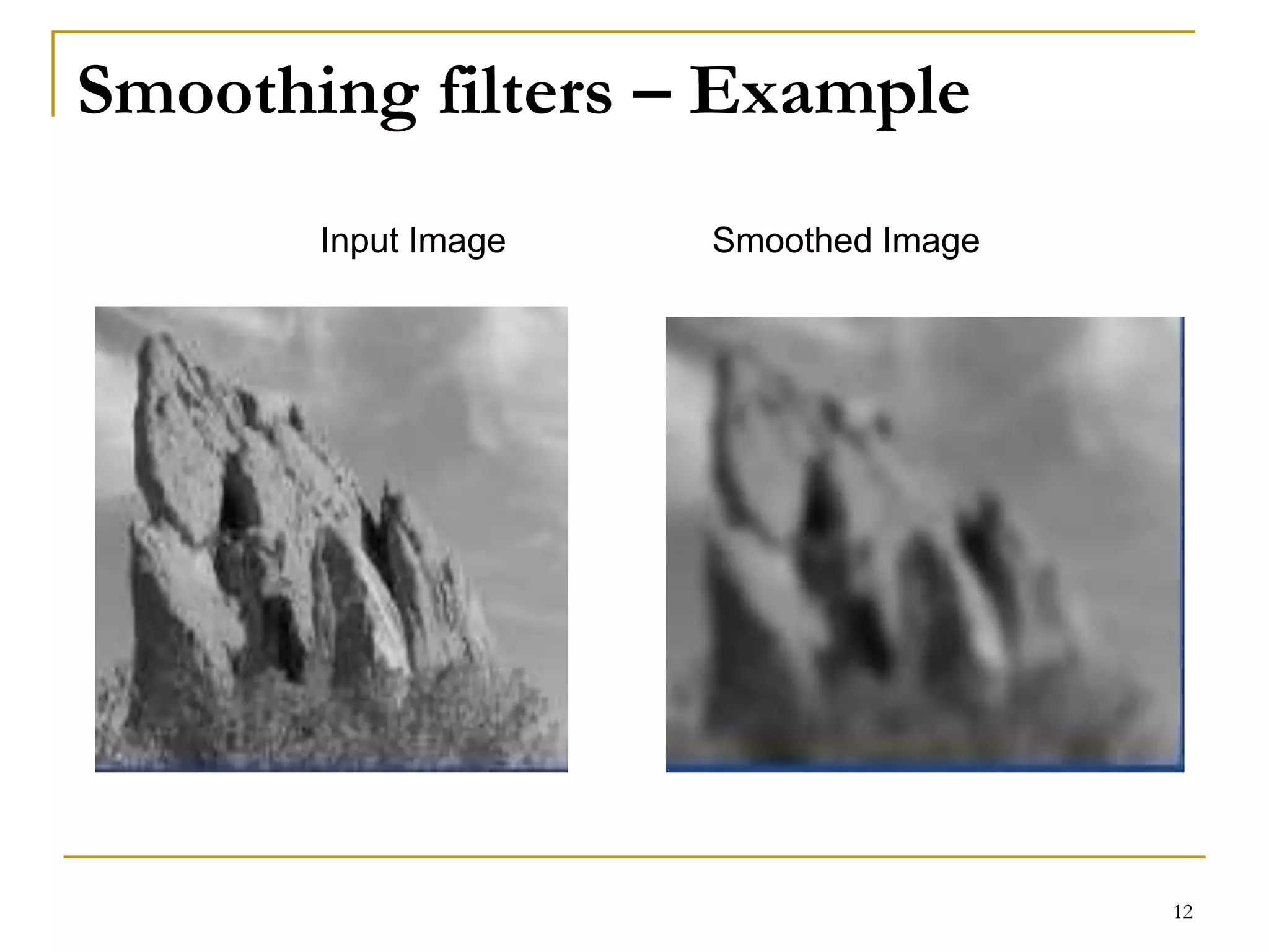 Smoothing filters – Example
Smoothed ImageInput Image
12
 