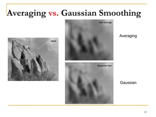 Averaging vs. Gaussian Smoothing
Averaging
Gaussian
22
 