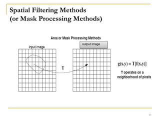 Spatial Filtering Methods
(or Mask Processing Methods)
output image
3
 