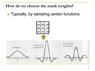 How do we choose the mask weights?
 Typically, by sampling certain functions:
Gaussian
1st derivative
of Gaussian
2nd derivative
of Gaussian
31
 