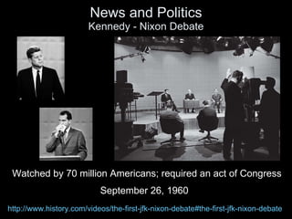 News and Politics Kennedy - Nixon Debate September 26, 1960 Watched by 70 million Americans; required an act of Congress h...