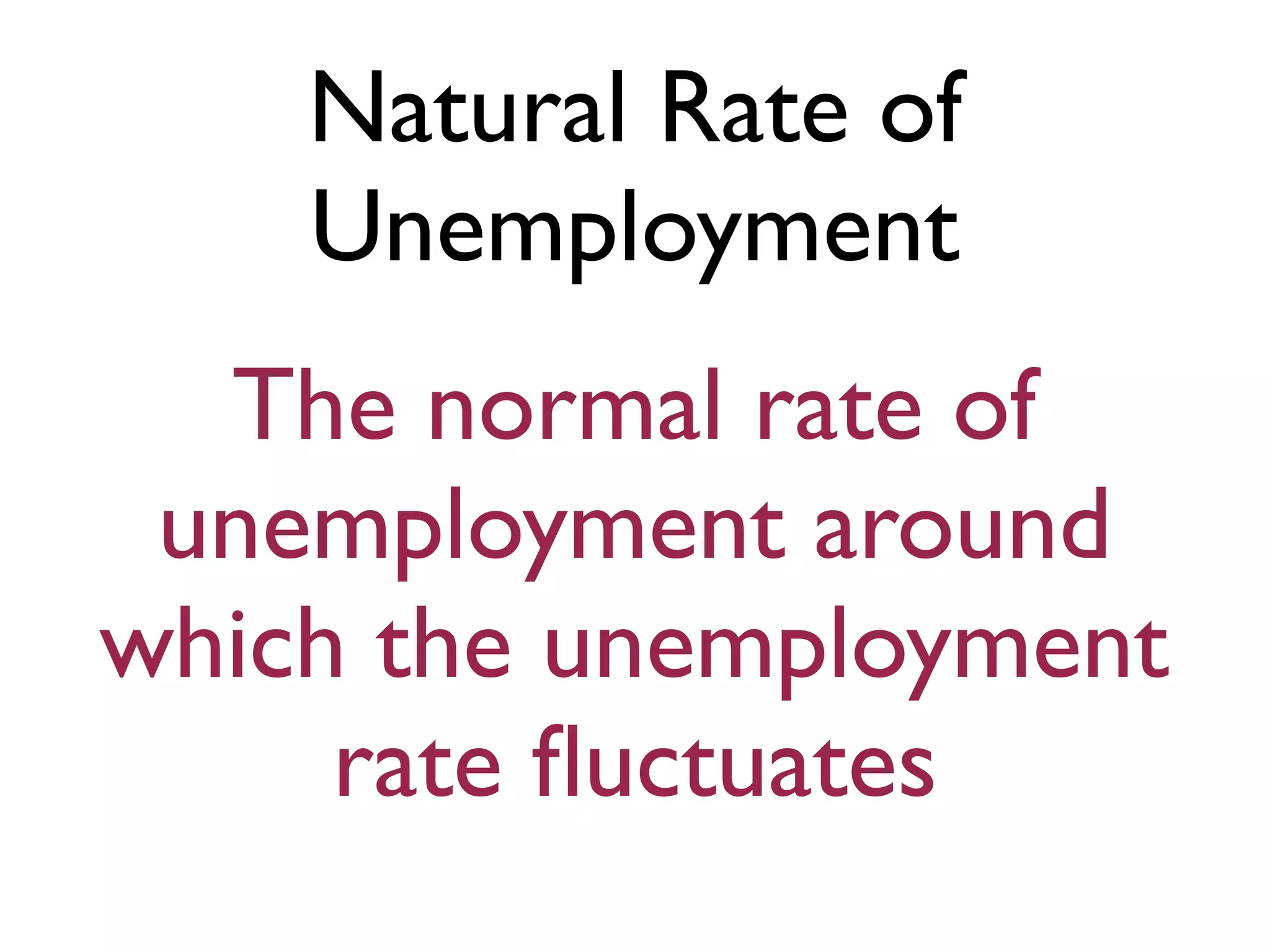 Natural Rate of
Unemployment
The normal rate of
unemployment around
which the unemployment
rate ﬂuctuates
 