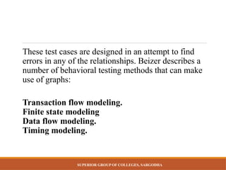 SUPERIOR GROUP OF COLLEGES, SARGODHA
These test cases are designed in an attempt to find
errors in any of the relationships. Beizer describes a
number of behavioral testing methods that can make
use of graphs:
Transaction flow modeling.
Finite state modeling
Data flow modeling.
Timing modeling.
 