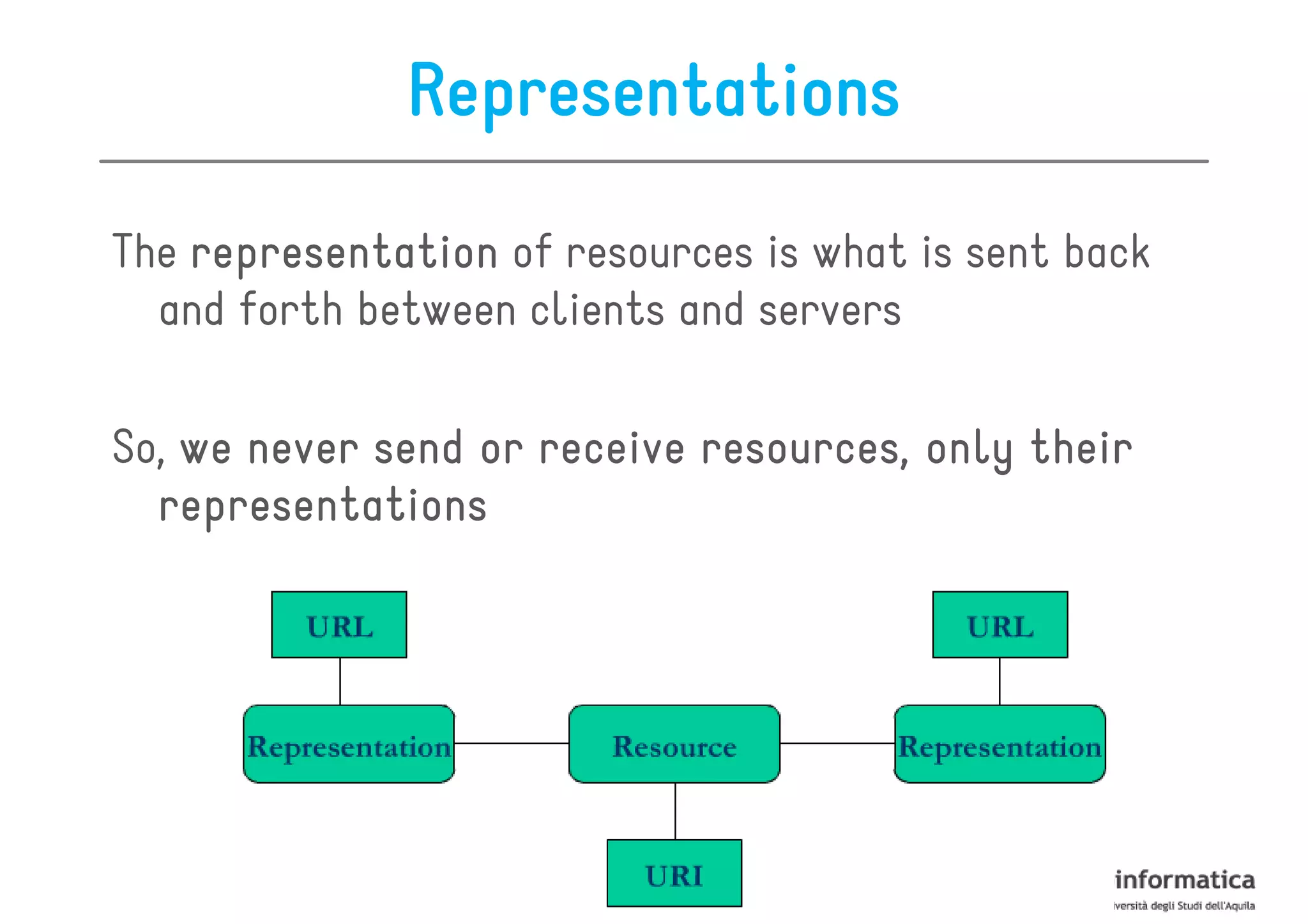 Representations

The representation of resources is what is sent back
  and forth between clients and servers

So, we never send or receive resources, only their
  representations
 
