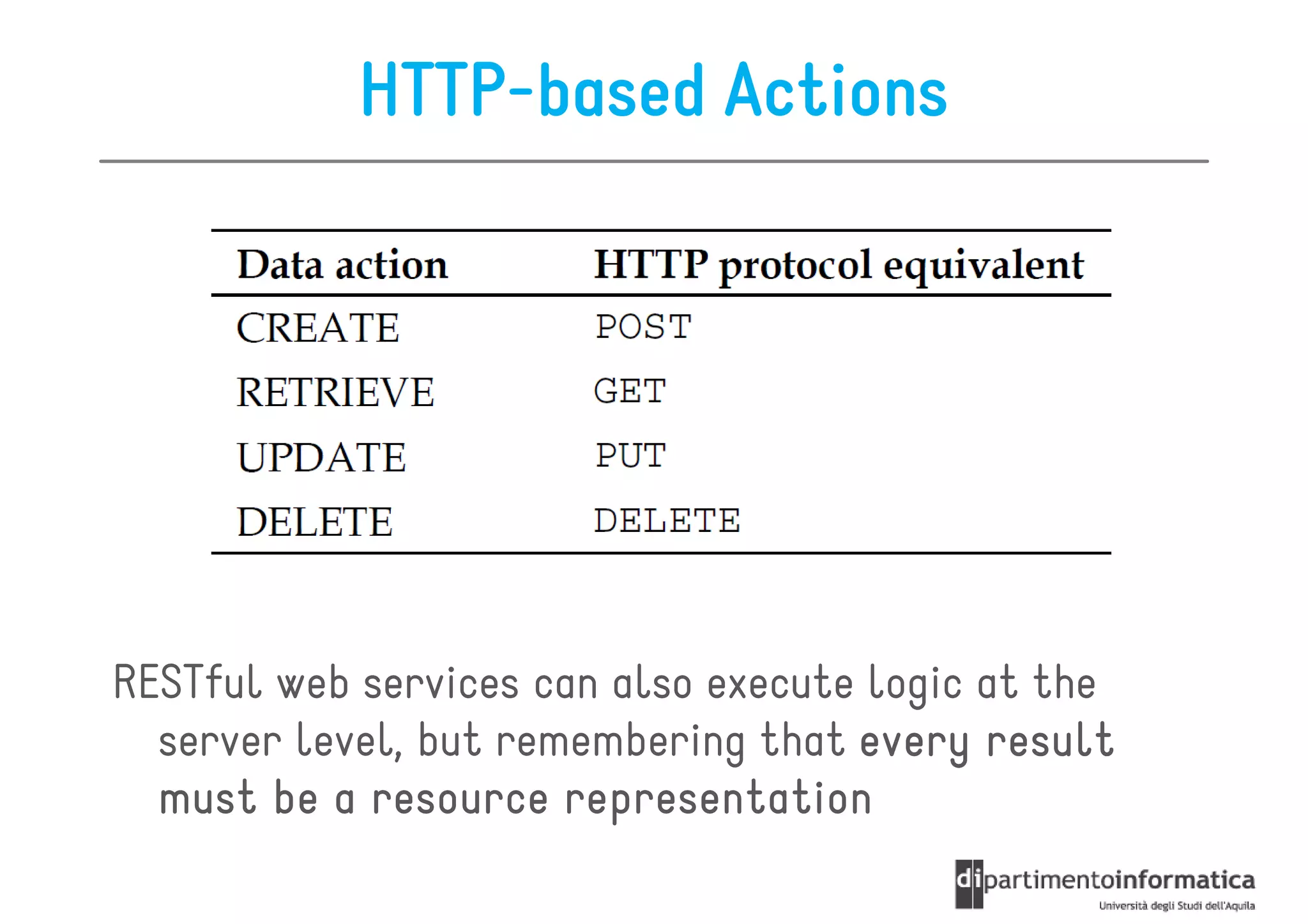 HTTP-based Actions




RESTful web services can also execute logic at the
  server level, but remembering that every result
  must be a resource representation
 