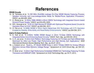 References
SRAM Circuits
10. M. Yamaoka et al., “A 300 MHz 25uA/Mb Leakage On-Chip SRAM Module Featuring Process-
Variation Immunity and Low-Leakage-Active Mode for Mobile-Phone Application Processors,”
ISSCC, pp.494-495, 2004.
11. K. Zhang et al., “A 3GHz 70Mb SRAM in 65nm CMOS Technology with Integrated Column based
Dynamic Power Supply,” ISSCC, pp.474-476, 2005.
12. M.E. Sinangil et al., “A 28 nm High-Density 6T SRAM with Optimized Peripheral Assist Circuits for
Operation Down to 0.6V,” ISSCC, pp.260-262, 2011.
13. H. Pilo et al., “A 64Mb SRAM in 32nm High-k Metal-Gate SOI Technology with 0.7V Operation
Enabled by Stability, Write-Ability and Read-Ability Enhancements,” ISSCC, pp.254-256, 2011.
Intel’s Tri-Gate Platform
14. E. Karl et al., “A 4.6GHz 162Mb SRAM Design in 22nm Tri-Gate CMOS Technology with
Integrated Active Vmin-Enhancing Assist Circuitry,” ISSCC Tech. Dig., pp.230-232, 2012.
15. C.-H. Jan et al., “A 22nm SoC Platform Technology Featuring 3-D Tri-Gate and High-k/Metal Gate,
Optimized for Ultra Low Power, High Performance and High Density SoC Applications,” IEEE
International Electron Device Meeting Tech. Dig., pp.44-47, 2012.
16. J. Kulkarni et al., “Dual-VCC 8T Bitcell SRAM Array in 22nm TriGate CMOS for Energy Efficient
Operation Across Wide Dynamic Voltage Range,” Symposium on VLSI Circuit Dig., pp.126-127,
2013.
17. R. Brian et al., “A 22nm High Performance Embedded DRAM SoC Technology Featuring Tri-Gate
Transistors and MIMCAP COB,” Symposium on VLSI Technology Dig., pp.16-17, 2013.
 