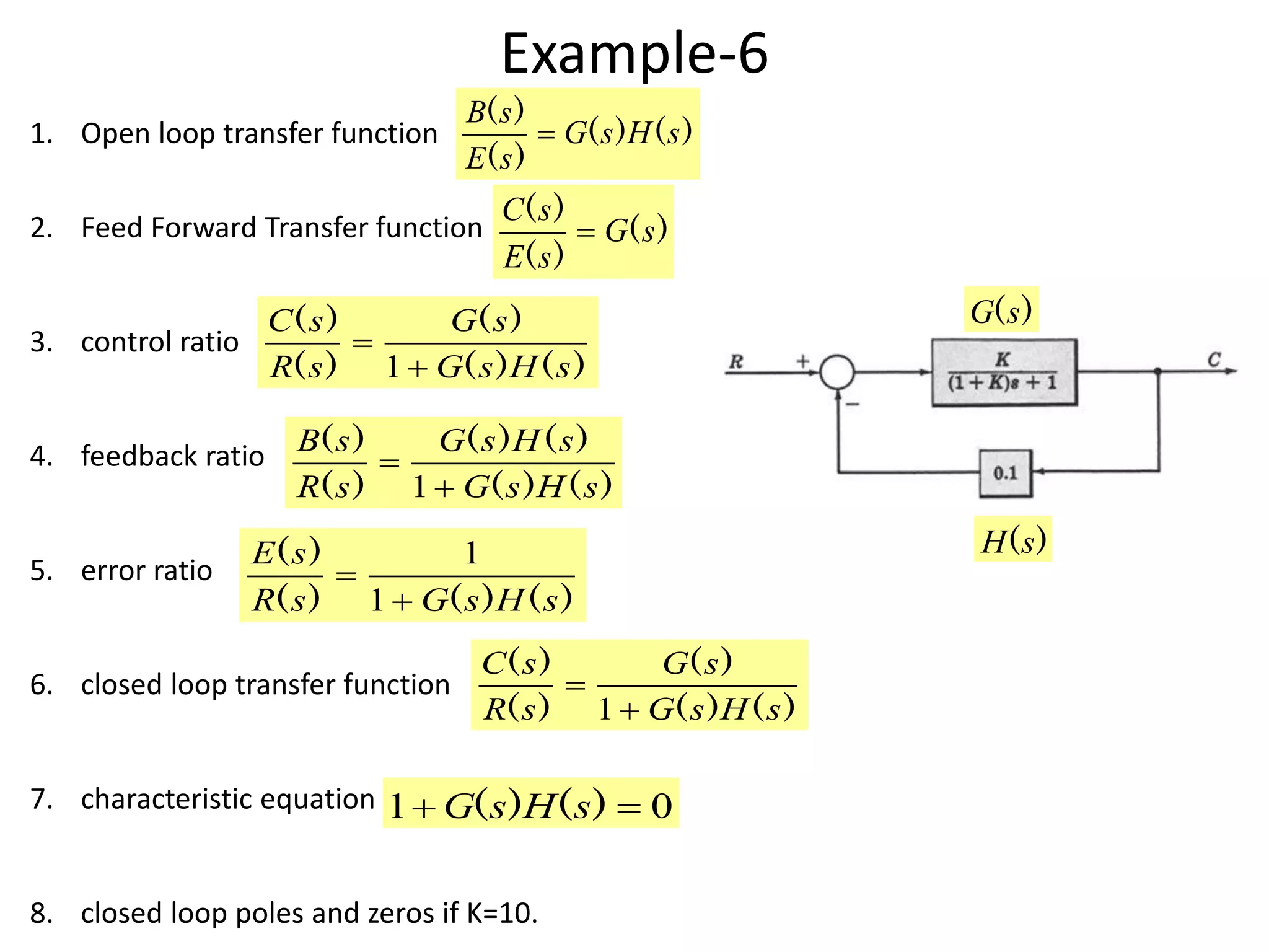 Example-6
1. Open loop transfer function
2. Feed Forward Transfer function
3. control ratio
4. feedback ratio
5. error ratio
6. closed loop transfer function
7. characteristic equation
8. closed loop poles and zeros if K=10.
)()(
)(
)(
sHsG
sE
sB

)(
)(
)(
sG
sE
sC

)()(
)(
)(
)(
sHsG
sG
sR
sC


1
)()(
)()(
)(
)(
sHsG
sHsG
sR
sB


1
)()()(
)(
sHsGsR
sE


1
1
)()(
)(
)(
)(
sHsG
sG
sR
sC


1
01  )()( sHsG
)(sG
)(sH
 