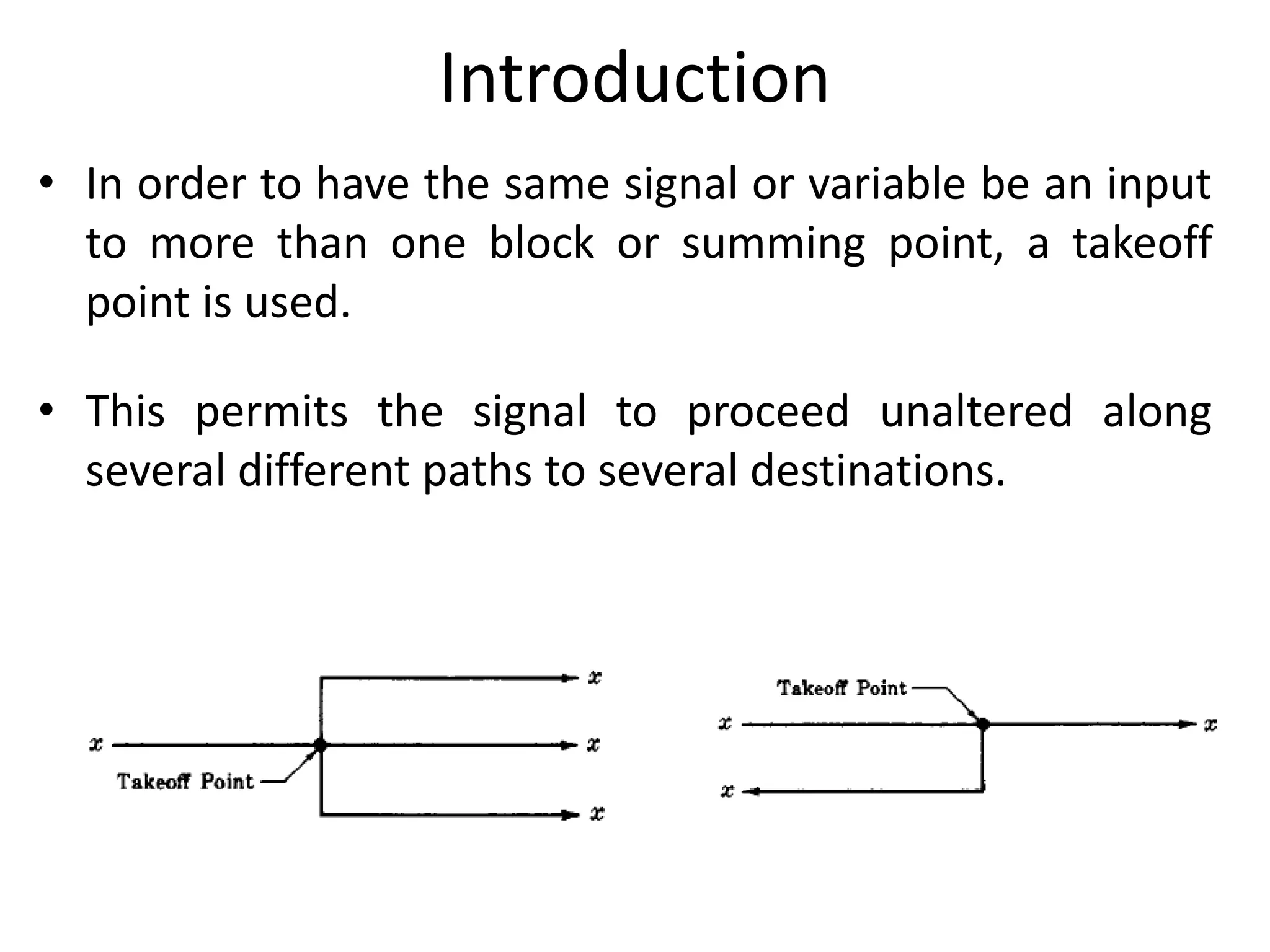 Introduction
• In order to have the same signal or variable be an input
to more than one block or summing point, a takeoff
point is used.
• This permits the signal to proceed unaltered along
several different paths to several destinations.
 
