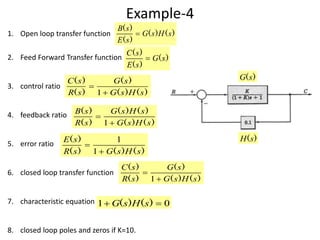 Example-4
1. Open loop transfer function
2. Feed Forward Transfer function
3. control ratio
4. feedback ratio
5. error ratio
6. closed loop transfer function
7. characteristic equation
8. closed loop poles and zeros if K=10.
)()(
)(
)(
sHsG
sE
sB

)(
)(
)(
sG
sE
sC

)()(
)(
)(
)(
sHsG
sG
sR
sC


1
)()(
)()(
)(
)(
sHsG
sHsG
sR
sB


1
)()()(
)(
sHsGsR
sE


1
1
)()(
)(
)(
)(
sHsG
sG
sR
sC


1
01  )()( sHsG
)(sG
)(sH
 