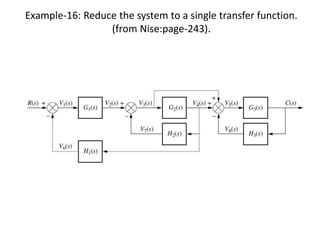 Example-16: Reduce the system to a single transfer function.
(from Nise:page-243).
 