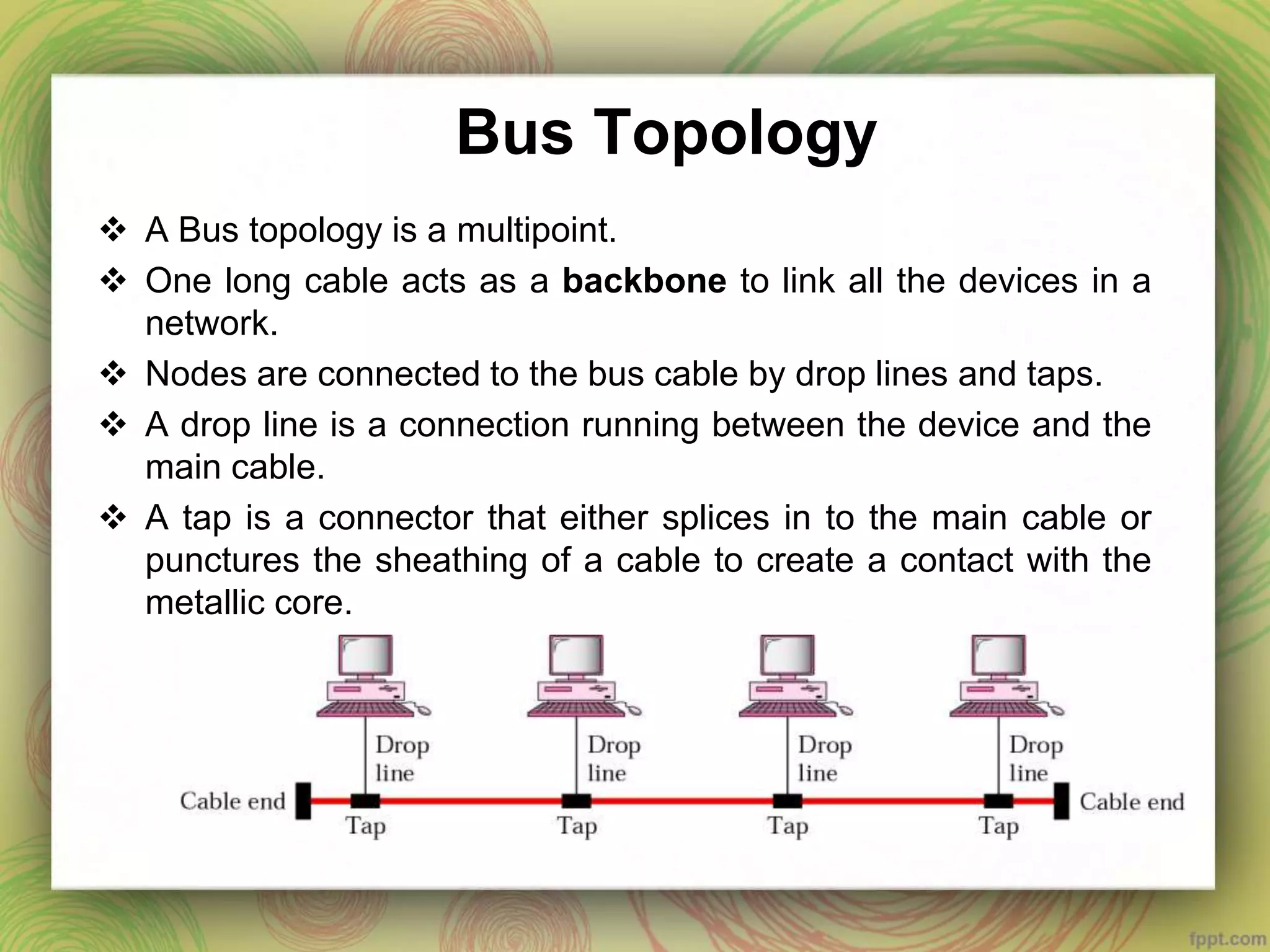 Bus Topology
 A Bus topology is a multipoint.
 One long cable acts as a backbone to link all the devices in a
network.
 Nodes are connected to the bus cable by drop lines and taps.
 A drop line is a connection running between the device and the
main cable.
 A tap is a connector that either splices in to the main cable or
punctures the sheathing of a cable to create a contact with the
metallic core.
 