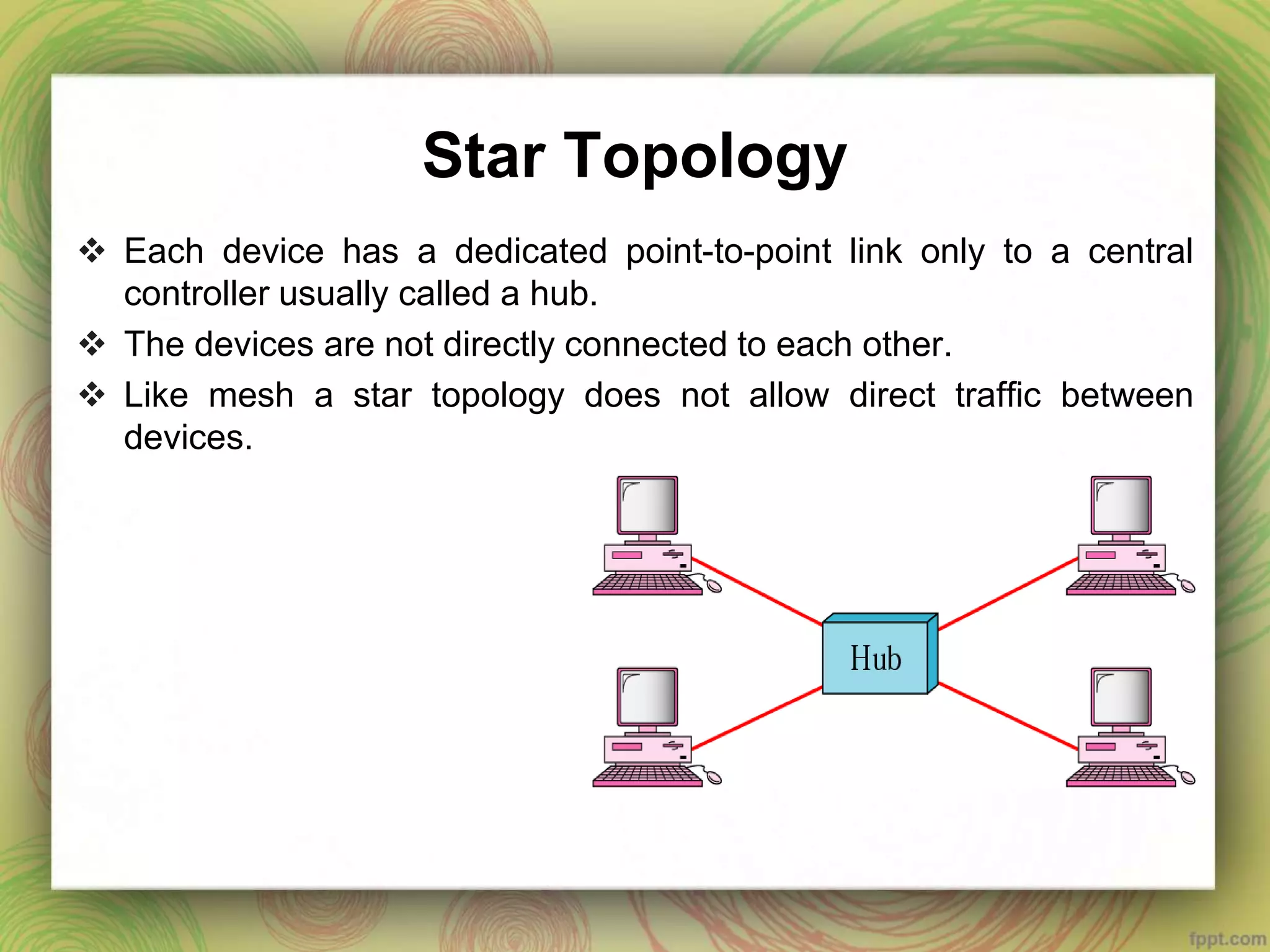 Star Topology
 Each device has a dedicated point-to-point link only to a central
controller usually called a hub.
 The devices are not directly connected to each other.
 Like mesh a star topology does not allow direct traffic between
devices.
 
