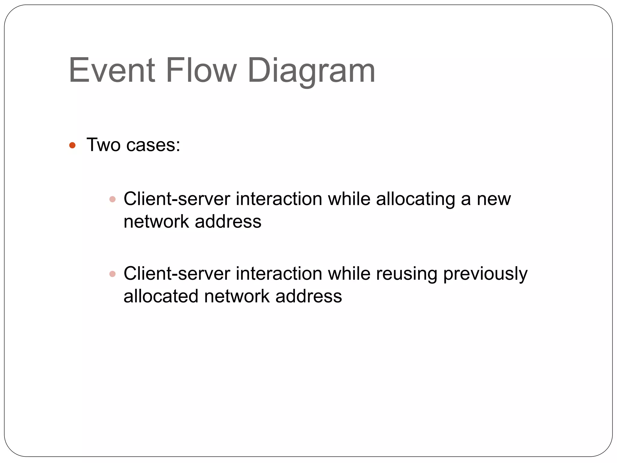 Event Flow Diagram
 Two cases:
 Client-server interaction while allocating a new
network address
 Client-server interaction while reusing previously
allocated network address
 