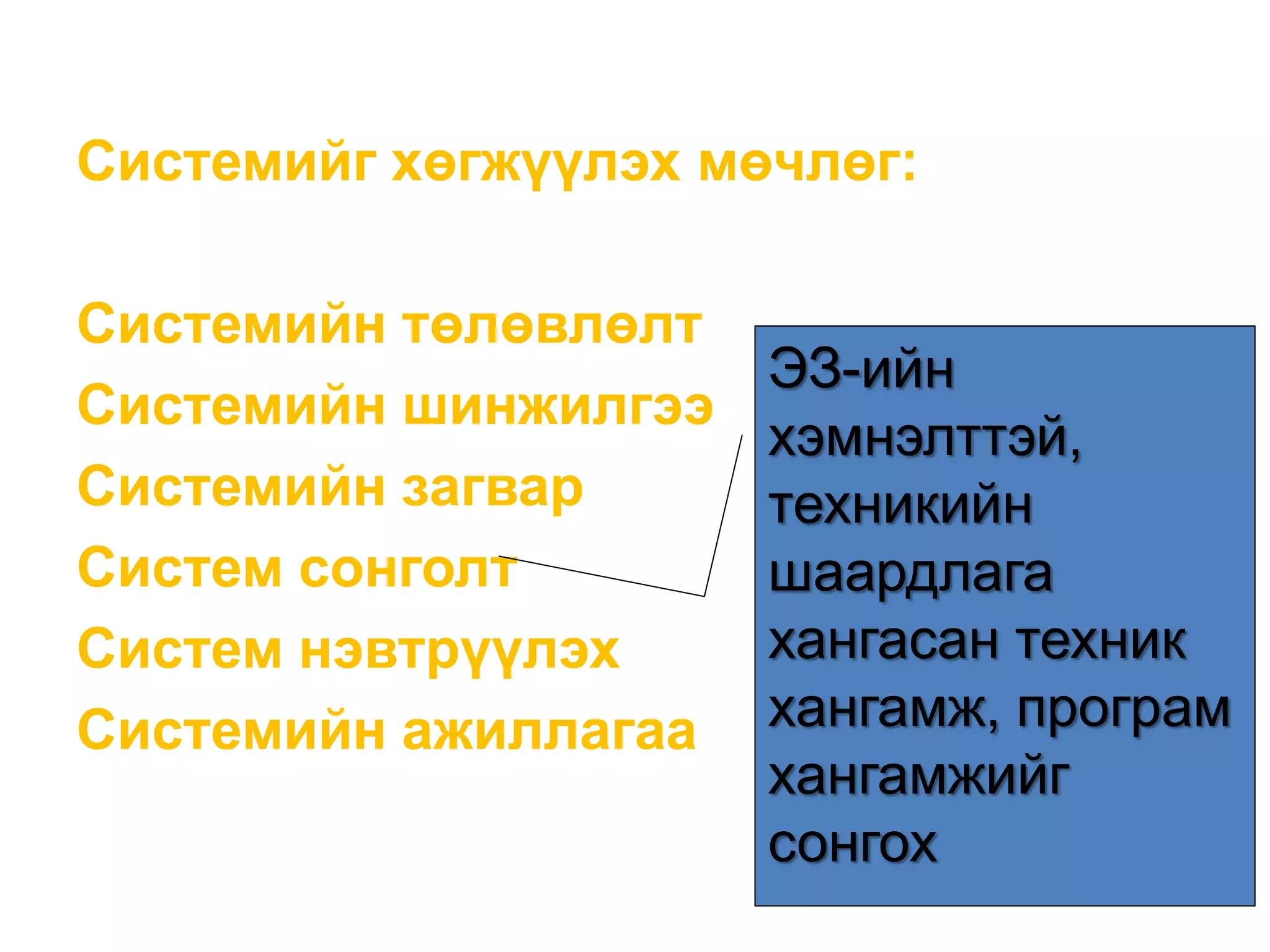Системийг хөгжүүлэх мөчлөг:
Системийн төлөвлөлт
Системийн шинжилгээ
Системийн загвар
Систем сонголт
Систем нэвтрүүлэх
Системийн ажиллагаа
ЭЗ-ийн
хэмнэлттэй,
техникийн
шаардлага
хангасан техник
хангамж, програм
хангамжийг
сонгох
 