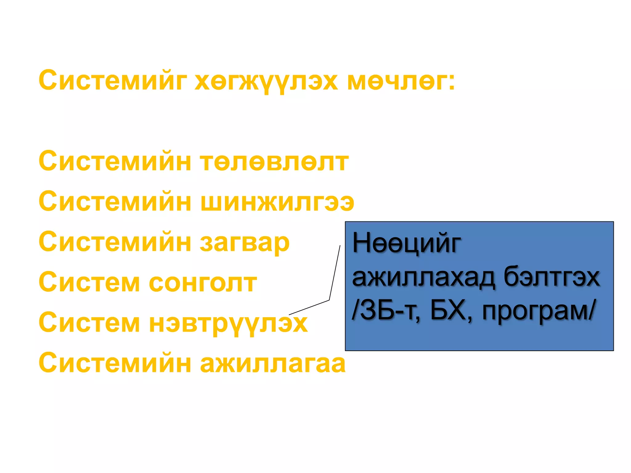 Системийг хөгжүүлэх мөчлөг:
Системийн төлөвлөлт
Системийн шинжилгээ
Системийн загвар
Систем сонголт
Систем нэвтрүүлэх
Системийн ажиллагаа
Нөөцийг
ажиллахад бэлтгэх
/ЗБ-т, БХ, програм/
 