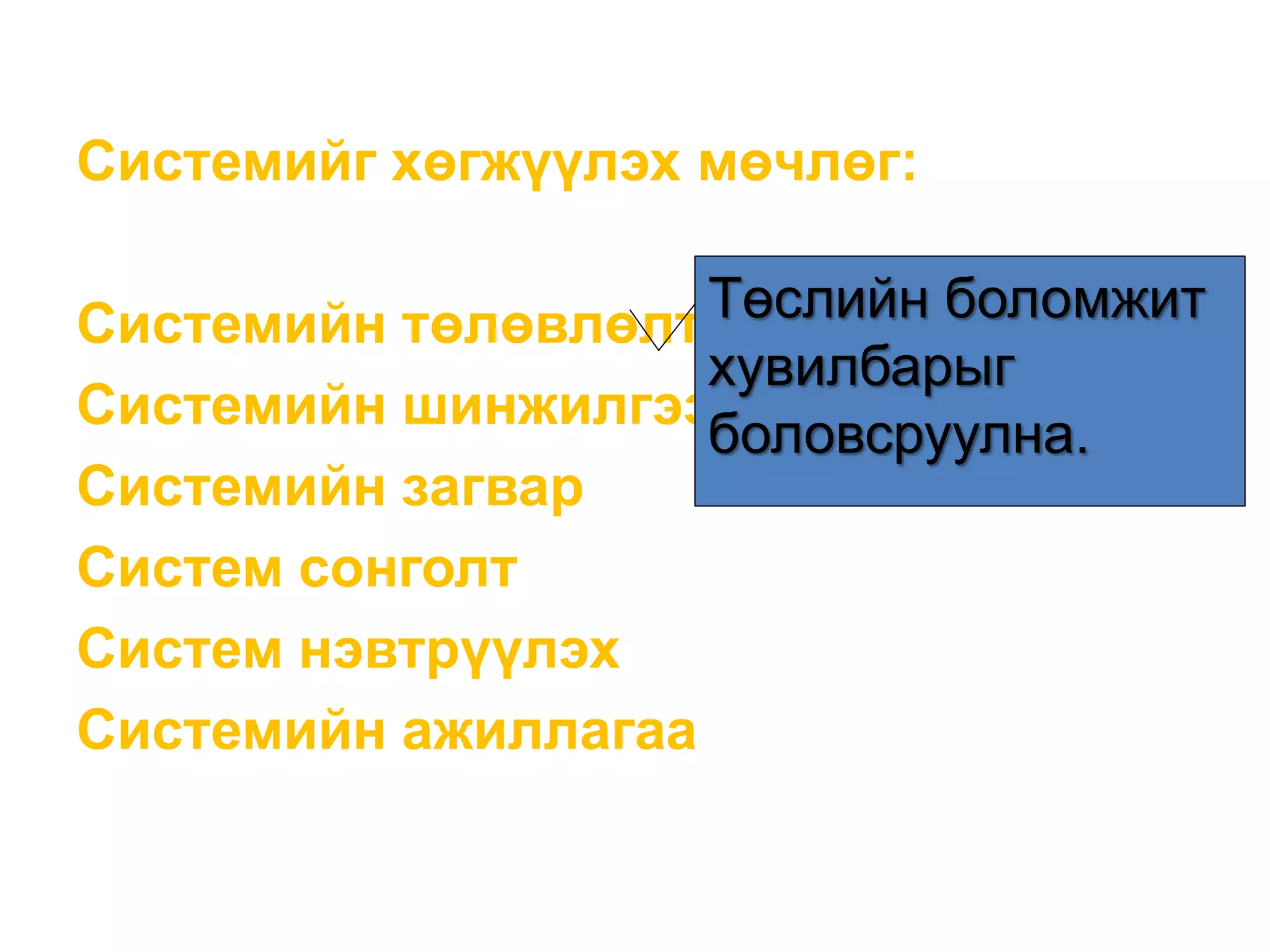 Системийг хөгжүүлэх мөчлөг:
Системийн төлөвлөлт
Системийн шинжилгээ
Системийн загвар
Систем сонголт
Систем нэвтрүүлэх
Системийн ажиллагаа
Төслийн боломжит
хувилбарыг
боловсруулна.
 