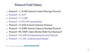 21
Protocol Field Values
❑ Protocol = 1, ICMP, Internet Control Message Protocol
❑ Protocol = 6, TCP
❑ Protocol = 17, UDP
❑ Protocol = 4, IP in IP encapsulation
❑ Protocol = 8, EGP, Exterior Gateway Protocol
❑ Protocol = 9, IGRP, Interior Gateway Routing Protocol
❑ Protocol =89, OSPF, Open Shortest Path First Routing P.
❑ Protocol = 50, ESP, Encapsulating Security Payload
❑ Protocol = 51, AH, Authentication Header
• ………………..more protocols
 