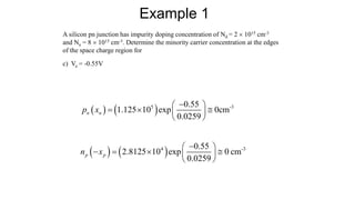 Example 1
A silicon pn junction has impurity doping concentration of Nd = 2  1015 cm-3
and Na = 8  1015 cm-3. Determine the minority carrier concentration at the edges
of the space charge region for
c) Va = -0.55V
   
5 -3
0.55
1.125 10 exp 0cm
0.0259
n n
p x

 
  
 
 
   
4 -3
0.55
2.8125 10 exp 0 cm
0.0259
p p
n x

 
   
 
 
 