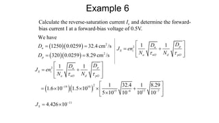 Example 6
  
  
2
2
We have
1250 0.0259 32.4 cm /s
320 0.0259 8.29 cm /s
n
p
D
D
 
 
Calculate the reverse-saturation current Is and determine the forward-
bias current I at a forward-bias voltage of 0.5V.
2 1 1 p
n
S i
a nO d pO
D
D
J en
N N
 
 
 
 
 
 
  
2
2
19 10
15 6 17 7
1 1
1 32.4 1 8.29
1.6 10 1.5 10
5 10 10 10 10
p
n
S i
a nO d pO
D
D
J en
N N
 

 
 
 
 
 
 
 
    
 

 
11
4.426 10
S
J 
 
 