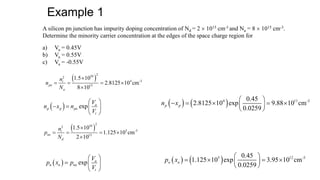Example 1
A silicon pn junction has impurity doping concentration of Nd = 2  1015 cm-3 and Na = 8  1015 cm-3.
Determine the minority carrier concentration at the edges of the space charge region for
a) Va = 0.45V
b) Va = 0.55V
c) Va = -0.55V
 
2
10
2
4 -3
15
1.5 10
2.8125 10 cm
8 10
i
po
a
n
n
N

   

 
2
10
2
5 -3
15
1.5 10
1.125 10 cm
2 10
i
no
d
n
p
N

   

  exp a
p p po
t
V
n x n
V
 
   
 
  exp a
n n no
t
V
p x p
V
 
  
 
   
5 12 -3
0.45
1.125 10 exp 3.95 10 cm
0.0259
n n
p x
 
   
 
 
   
4 11 -3
0.45
2.8125 10 exp 9.88 10 cm
0.0259
p p
n x
 
    
 
 
 