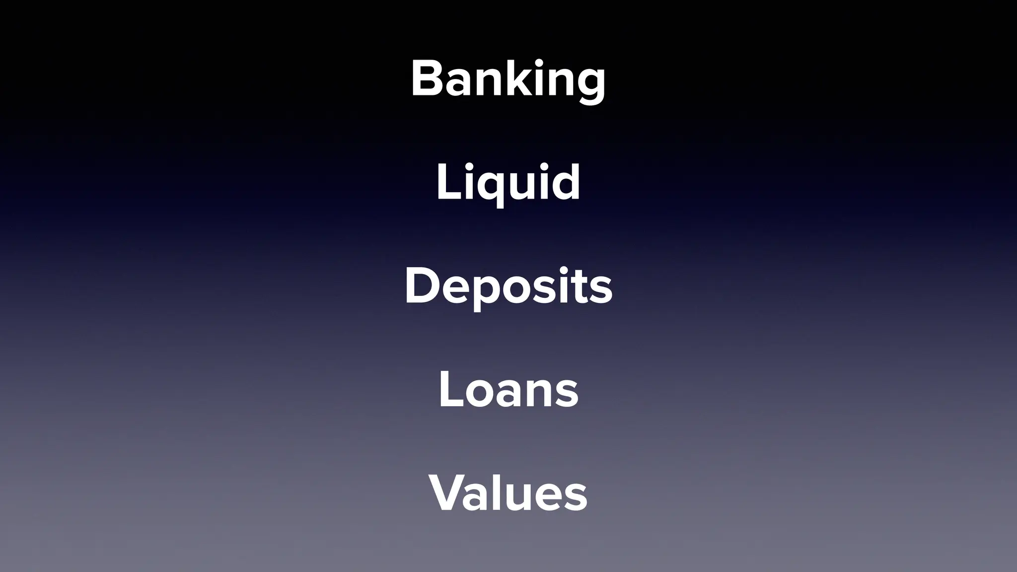 Banking
Liquid
Deposits
Loans
Values
 